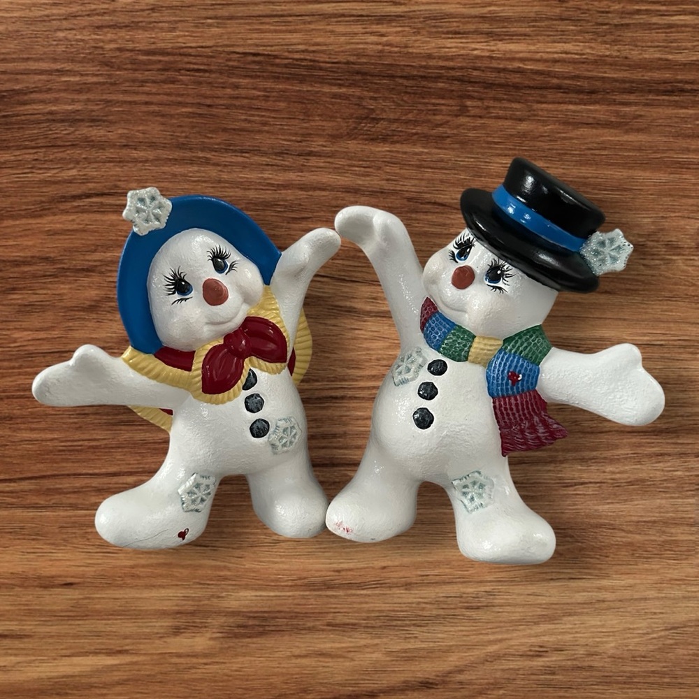 Pair of Ceramic Hand Painted Christmas Snow People Holiday Decor. Super Cute!